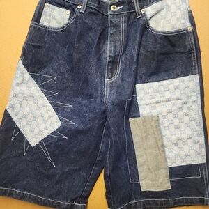 Y2K synergy jeans shorts GG style dub embroidered carpenter jorts size 42 EUC